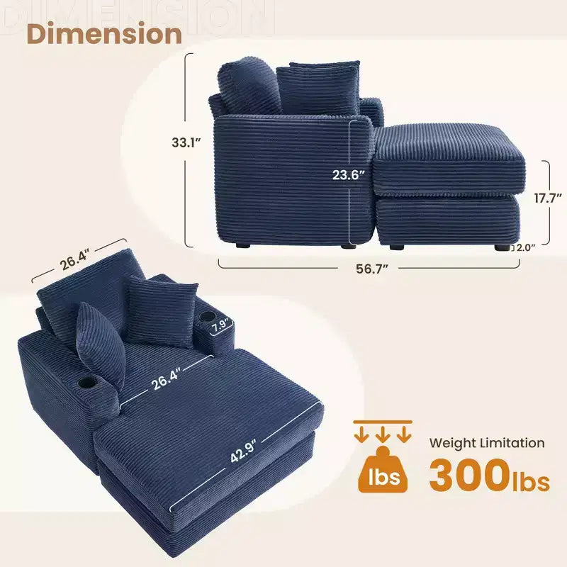 Canapé inclinable en velours côtelé avec pouf Fauteuil d'appoint moderne pour salon ou chambre à coucher