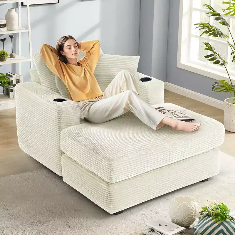 Canapé inclinable en velours côtelé avec pouf Fauteuil d'appoint moderne pour salon ou chambre à coucher