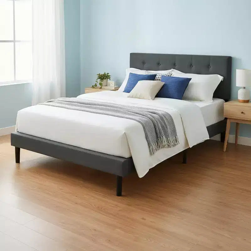 Lit plateforme capitonné jumeau avec support de matelas à lattes en bois