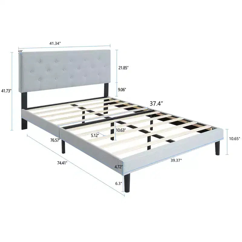 Lit plateforme capitonné jumeau avec support de matelas à lattes en bois