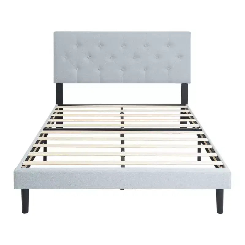 Lit plateforme capitonné jumeau avec support de matelas à lattes en bois