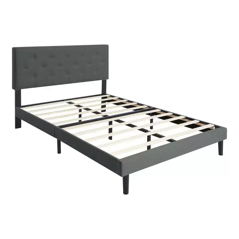 Lit plateforme capitonné jumeau avec support de matelas à lattes en bois