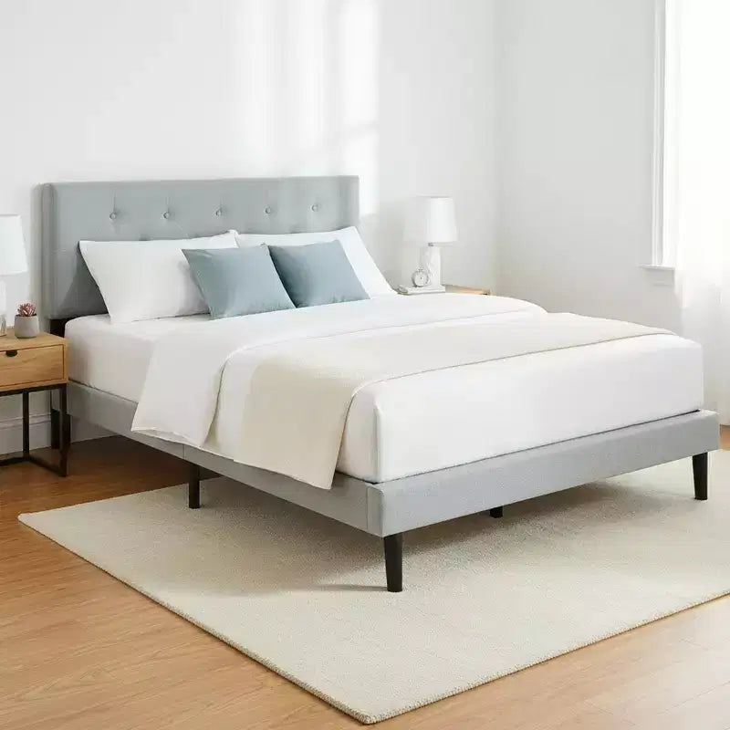 Lit plateforme capitonné jumeau avec support de matelas à lattes en bois