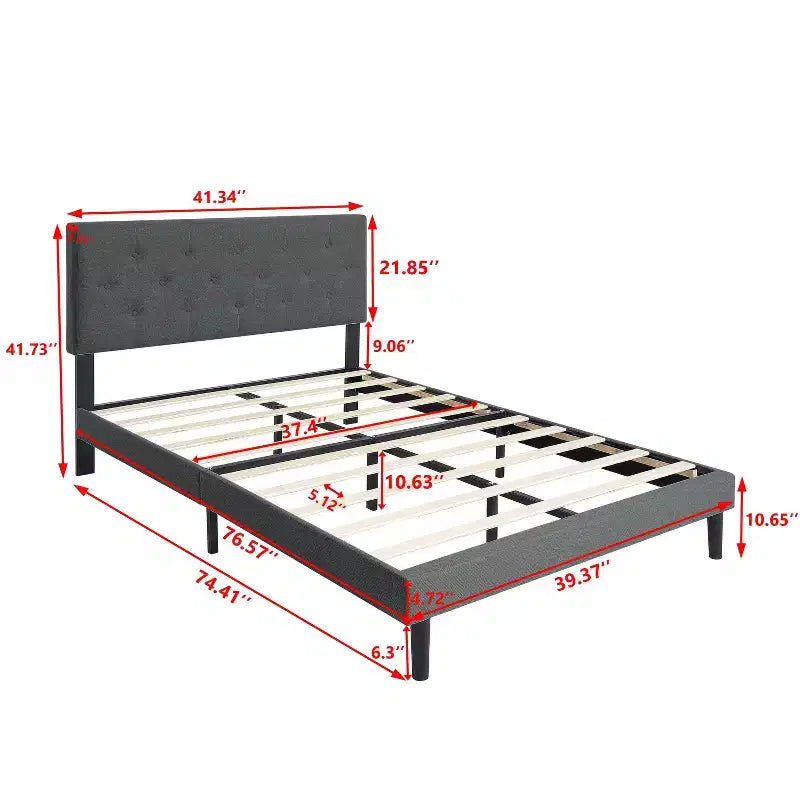 Lit plateforme capitonné jumeau avec support de matelas à lattes en bois