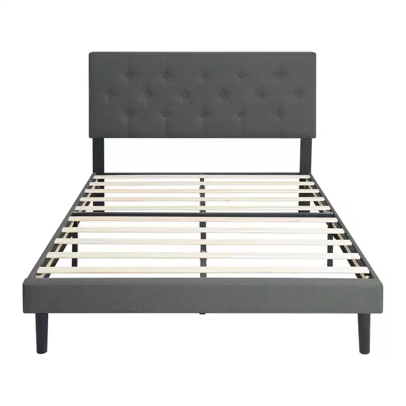 Lit plateforme capitonné jumeau avec support de matelas à lattes en bois
