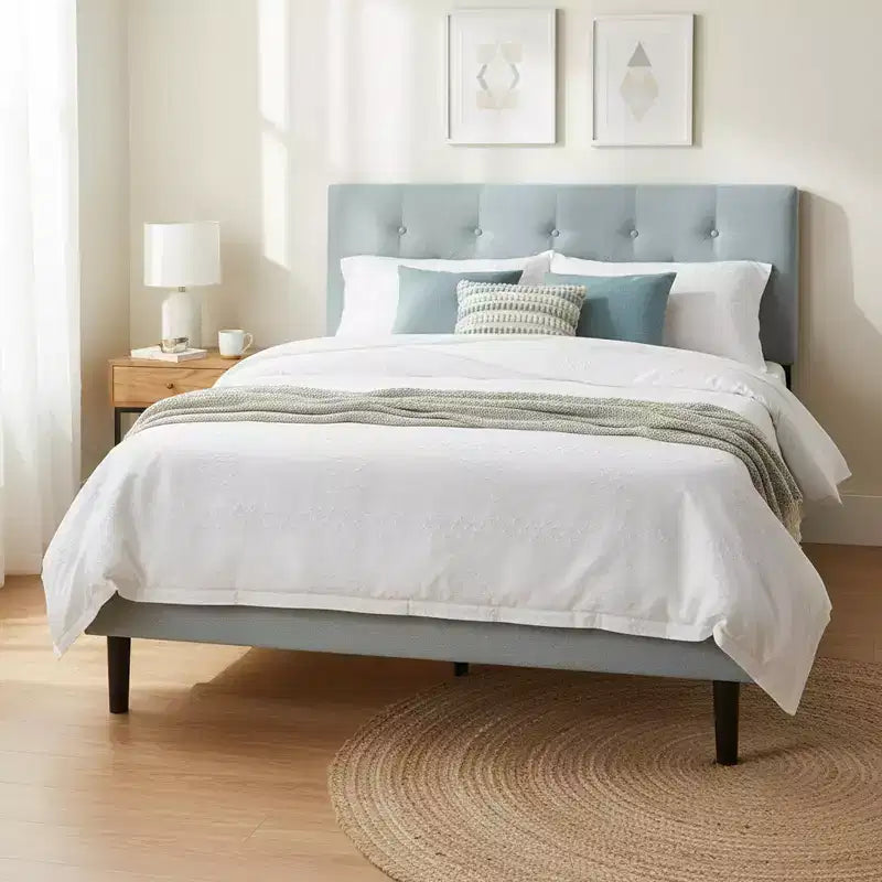 Lit plateforme capitonné jumeau avec support de matelas à lattes en bois