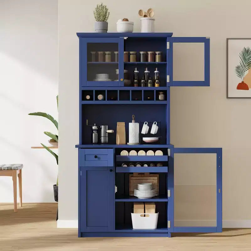 Buffet de cuisine de 190,5 cm de hauteur avec portes vitrées, meuble de rangement autoportant pour cuisine, salle à manger ou salon