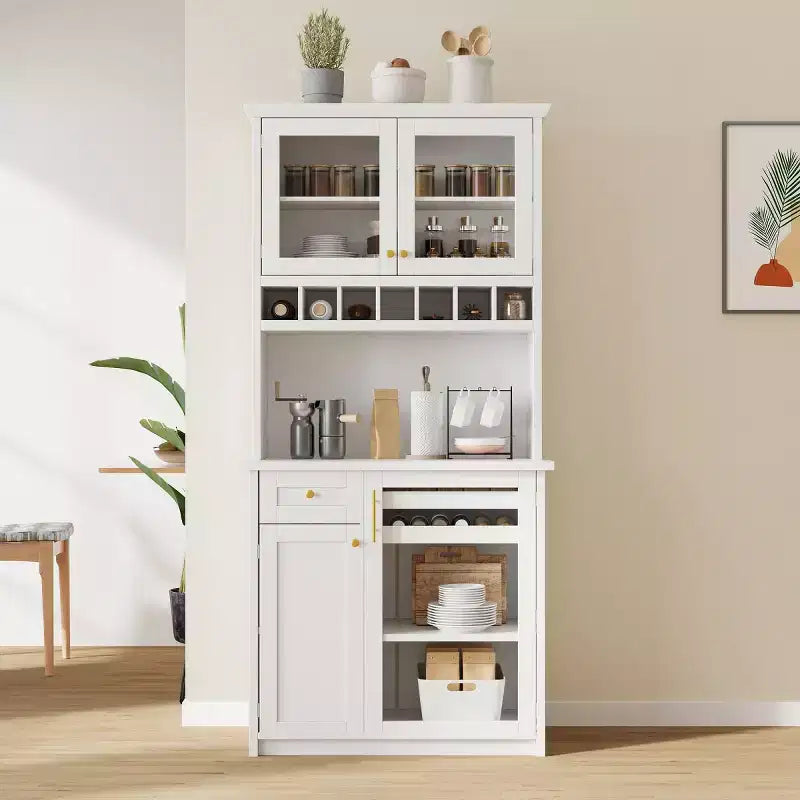 Buffet de cuisine de 190,5 cm de hauteur avec portes vitrées, meuble de rangement autoportant pour cuisine, salle à manger ou salon