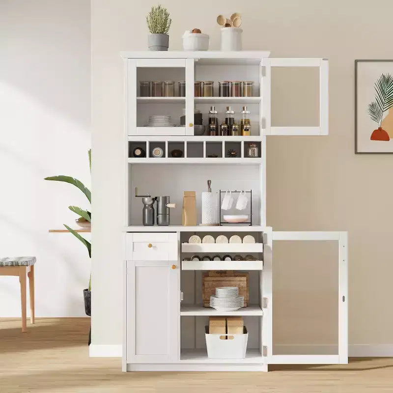 Buffet de cuisine de 190,5 cm de hauteur avec portes vitrées, meuble de rangement autoportant pour cuisine, salle à manger ou salon