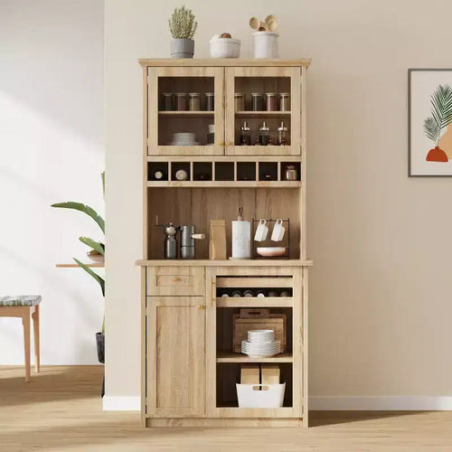 Buffet de cuisine de 190,5 cm de hauteur avec portes vitrées, meuble de rangement autoportant pour cuisine, salle à manger ou salon