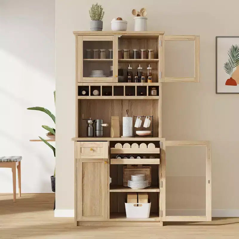 Buffet de cuisine de 190,5 cm de hauteur avec portes vitrées, meuble de rangement autoportant pour cuisine, salle à manger ou salon