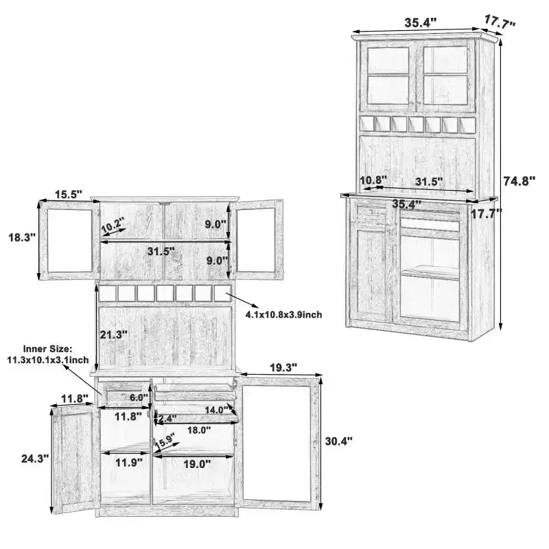 Buffet de cuisine de 190,5 cm de hauteur avec portes vitrées, meuble de rangement autoportant pour cuisine, salle à manger ou salon