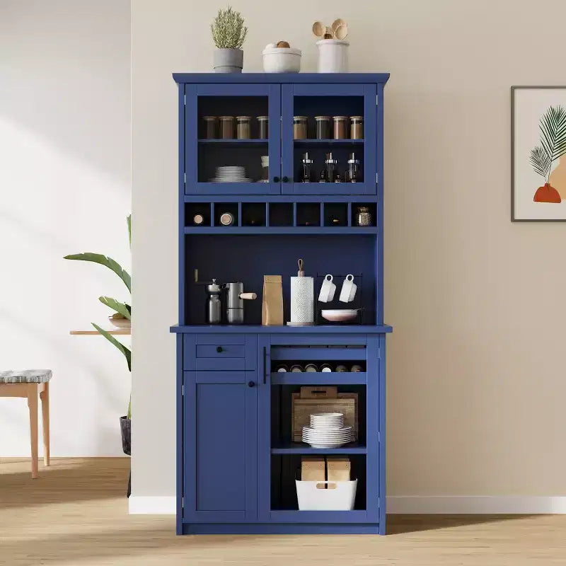 Buffet de cuisine de 190,5 cm de hauteur avec portes vitrées, meuble de rangement autoportant pour cuisine, salle à manger ou salon