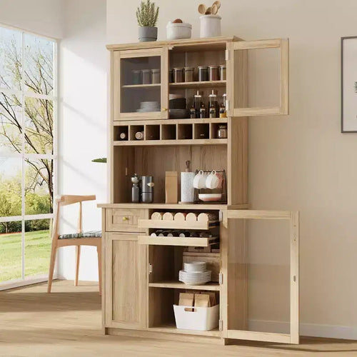 75 Tall Kitchen Pantry Cabinet with Glass Doors, Freestanding Buffet Hutch for Kitchen, Dining Room, or Living Room-Panipeachy