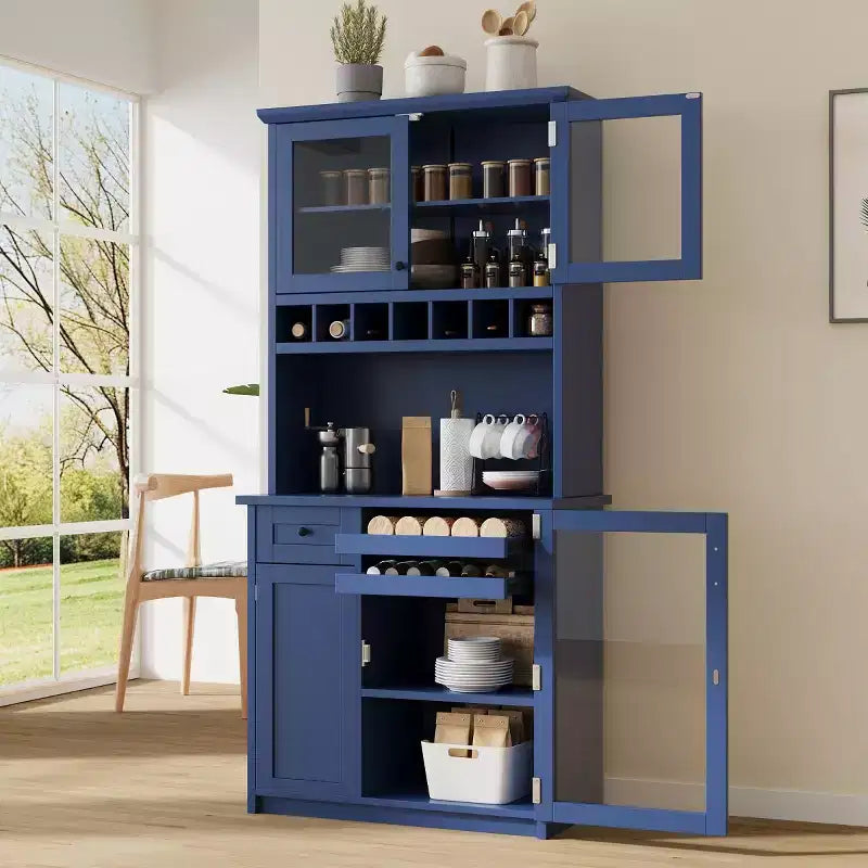 Buffet de cuisine de 190,5 cm de hauteur avec portes vitrées, meuble de rangement autoportant pour cuisine, salle à manger ou salon