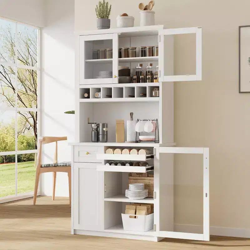 Buffet de cuisine de 190,5 cm de hauteur avec portes vitrées, meuble de rangement autoportant pour cuisine, salle à manger ou salon