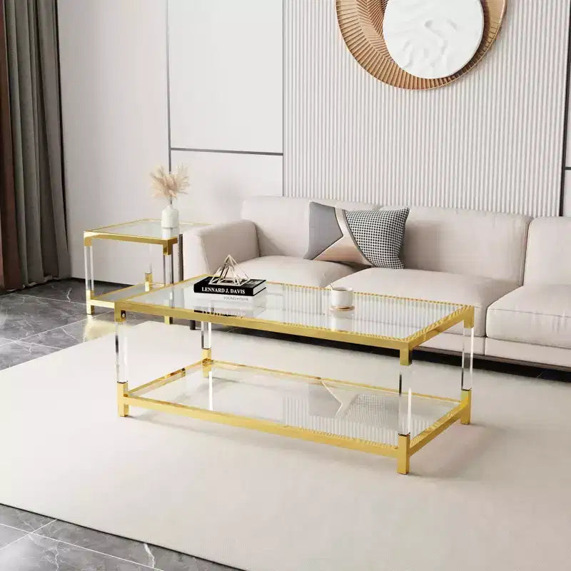 Table basse moderne à pieds en acrylique, plateau en verre trempé double couche avec cadre en métal doré pour salon ou bureau