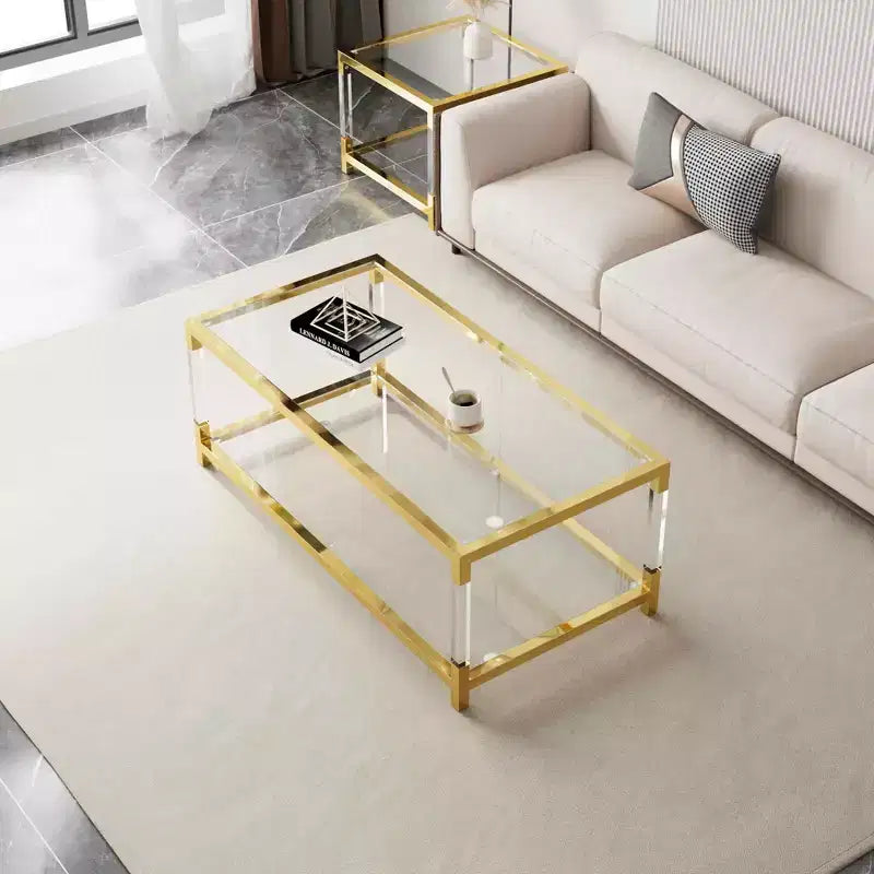 Table basse moderne à pieds en acrylique, plateau en verre trempé double couche avec cadre en métal doré pour salon ou bureau
