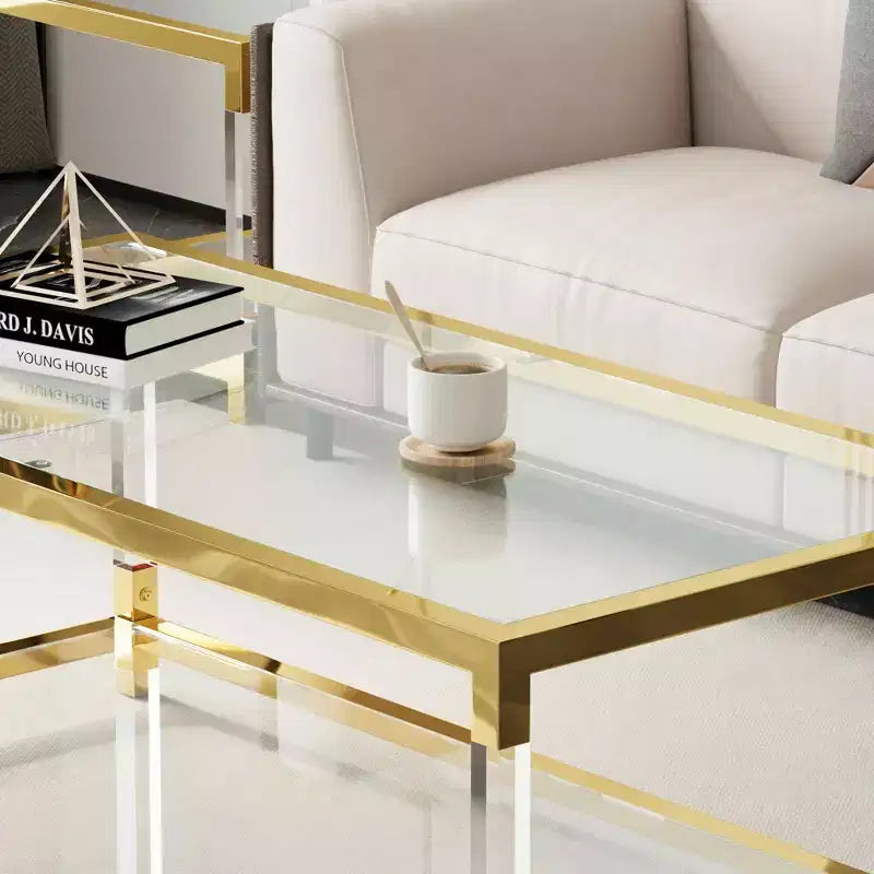 Table basse moderne à pieds en acrylique, plateau en verre trempé double couche avec cadre en métal doré pour salon ou bureau