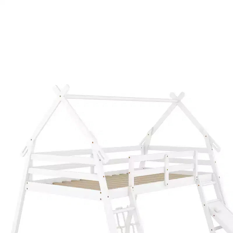Lit superposé cabane double sur grand lit avec filets et rampe d'escalade, cadre de lit superposé en bois avec garde-corps de sécurité pour enfants et adolescents