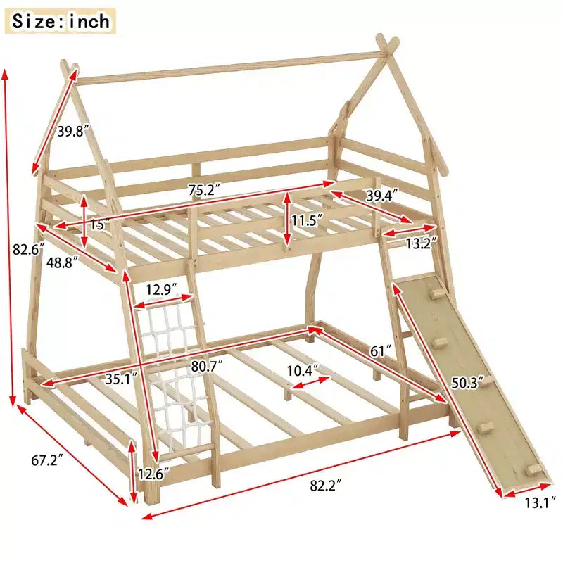 Lit superposé cabane double sur grand lit avec filets et rampe d'escalade, cadre de lit superposé en bois avec garde-corps de sécurité pour enfants et adolescents