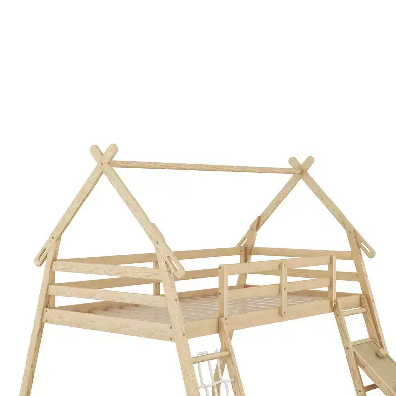 Lit superposé cabane double sur grand lit avec filets et rampe d'escalade, cadre de lit superposé en bois avec garde-corps de sécurité pour enfants et adolescents