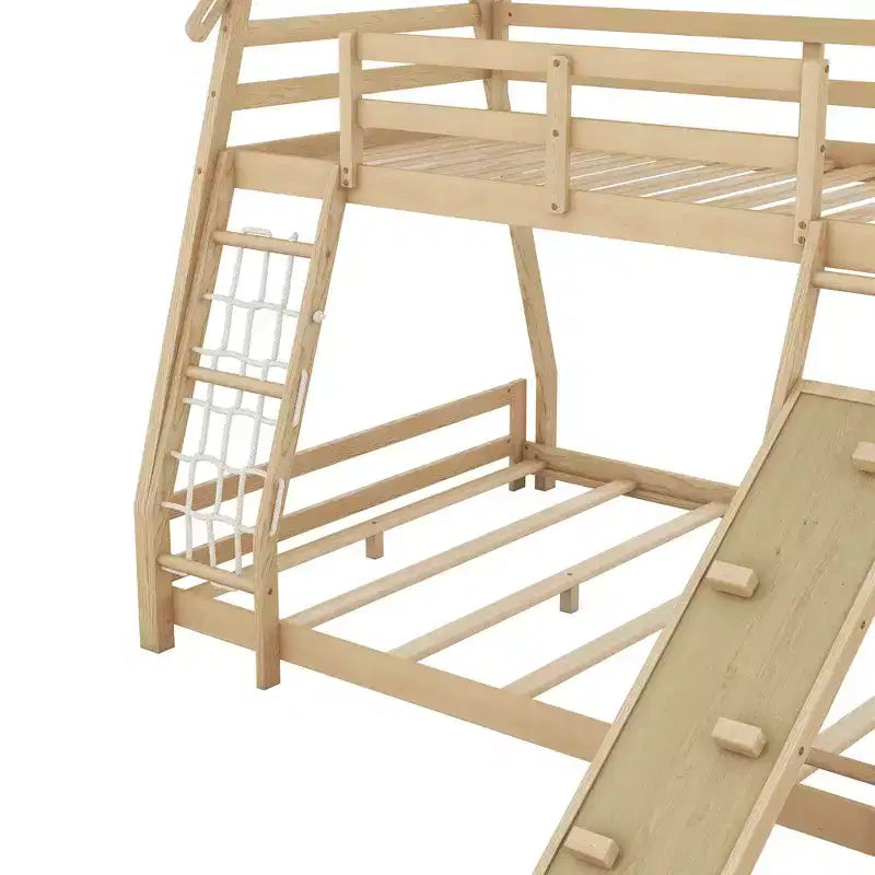 Lit superposé cabane double sur grand lit avec filets et rampe d'escalade, cadre de lit superposé en bois avec garde-corps de sécurité pour enfants et adolescents