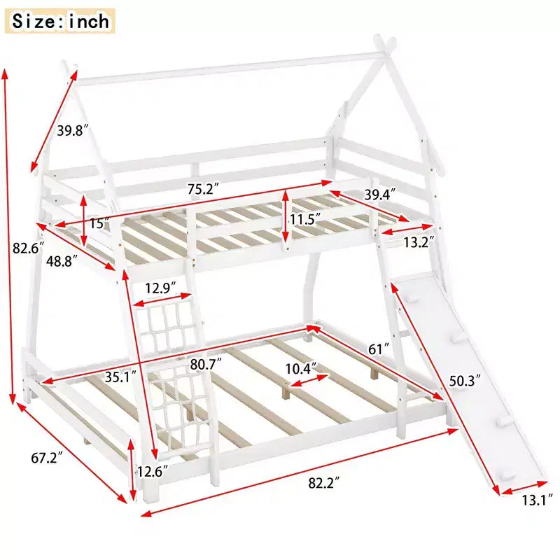 Lit superposé cabane double sur grand lit avec filets et rampe d'escalade, cadre de lit superposé en bois avec garde-corps de sécurité pour enfants et adolescents