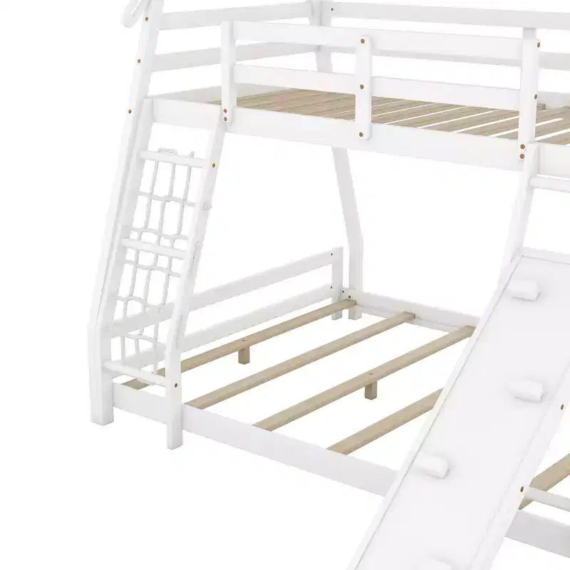 Lit superposé cabane double sur grand lit avec filets et rampe d'escalade, cadre de lit superposé en bois avec garde-corps de sécurité pour enfants et adolescents