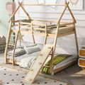 Lit superposé cabane double sur grand lit avec filets et rampe d'escalade, cadre de lit superposé en bois avec garde-corps de sécurité pour enfants et adolescents