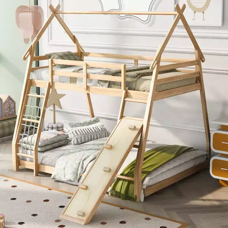 Lit superposé cabane double sur grand lit avec filets et rampe d'escalade, cadre de lit superposé en bois avec garde-corps de sécurité pour enfants et adolescents