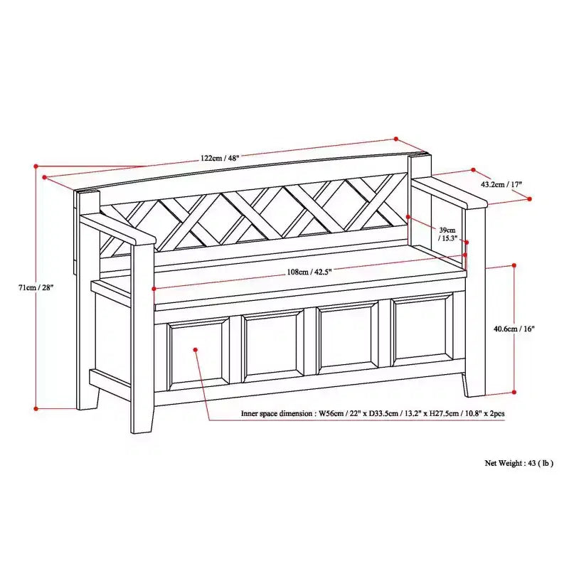 Banc de rangement d'entrée de style transitionnel Halifax 48 po blanc antique : Bois massif, deux compartiments, capacité de 136 kg