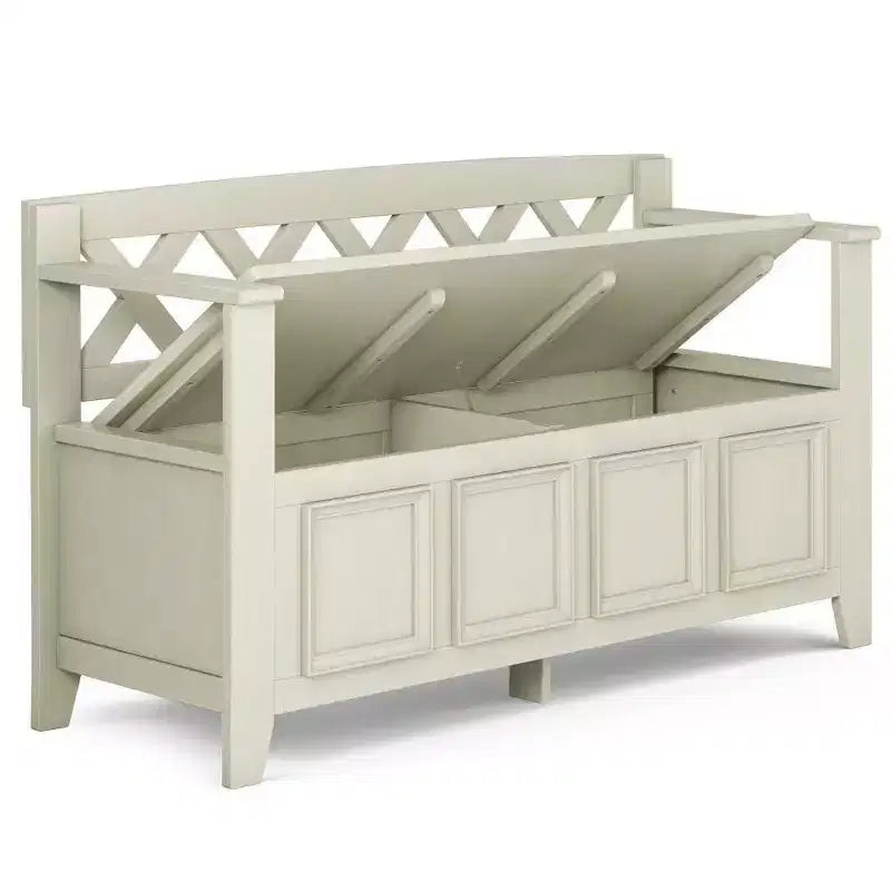 Banc de rangement d'entrée de style transitionnel Halifax 48 po blanc antique : Bois massif, deux compartiments, capacité de 136 kg