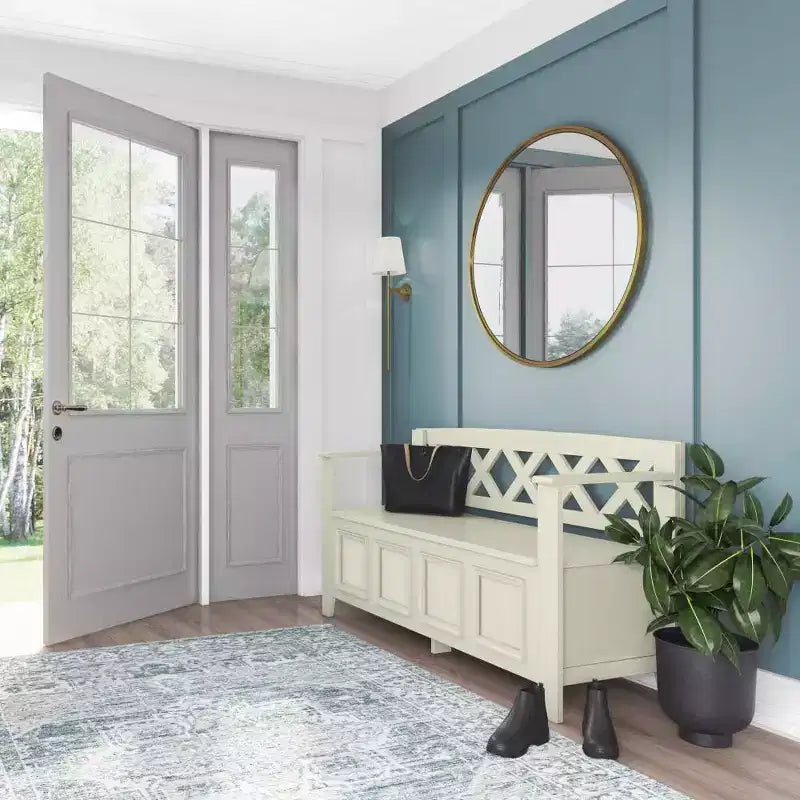 Banc de rangement d'entrée de style transitionnel Halifax 48 po blanc antique : Bois massif, deux compartiments, capacité de 136 kg