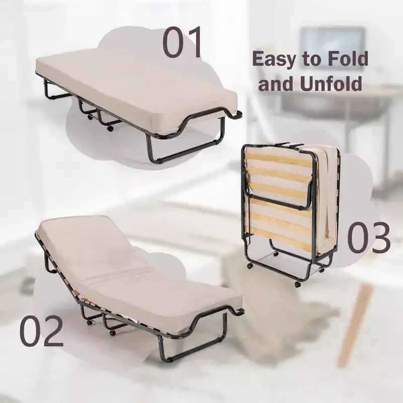 Lit pliant avec matelas en mousse à mémoire de forme, sac anti-poussière, lit d'appoint métallique sur roulettes, fabriqué en Italie