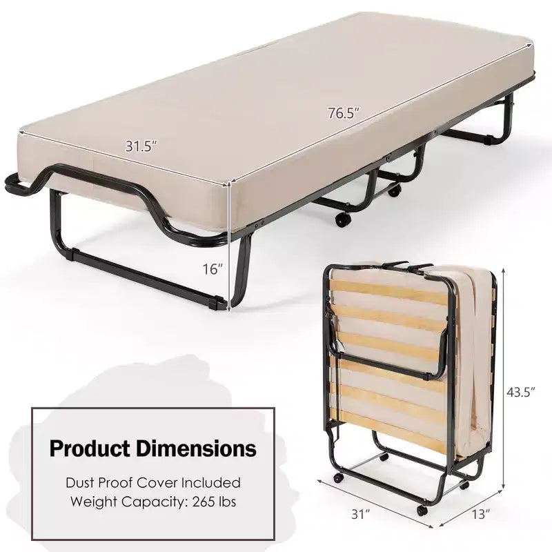Lit pliant avec matelas en mousse à mémoire de forme, sac anti-poussière, lit d'appoint métallique sur roulettes, fabriqué en Italie