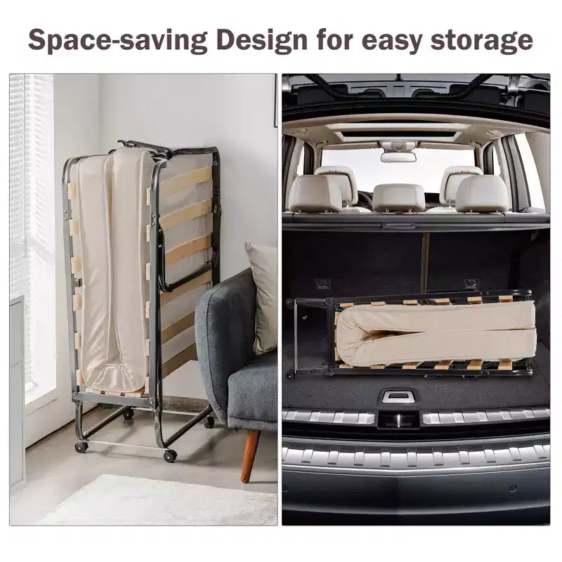 Lit pliant avec matelas en mousse à mémoire de forme, sac anti-poussière, lit d'appoint métallique sur roulettes, fabriqué en Italie