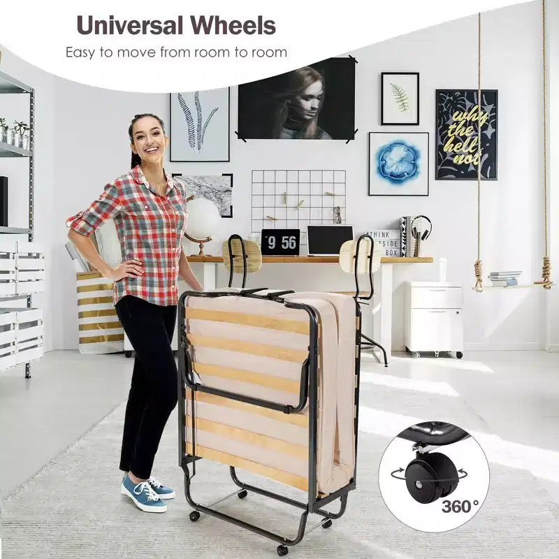 Lit pliant avec matelas en mousse à mémoire de forme, sac anti-poussière, lit d'appoint métallique sur roulettes, fabriqué en Italie