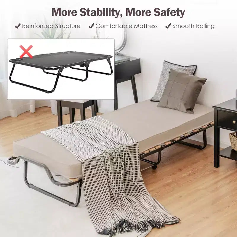 Lit pliant avec matelas en mousse à mémoire de forme, sac anti-poussière, lit d'appoint métallique sur roulettes, fabriqué en Italie