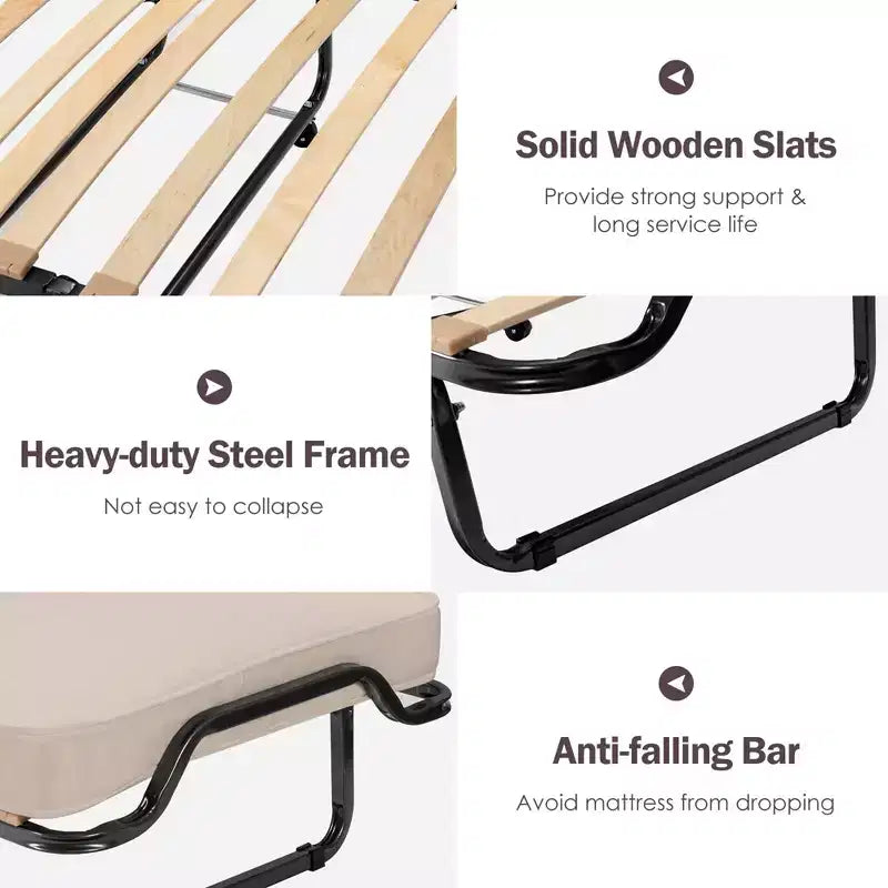 Lit pliant avec matelas en mousse à mémoire de forme, sac anti-poussière, lit d'appoint métallique sur roulettes, fabriqué en Italie