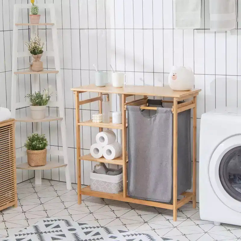 Corbeille à linge en bambou avec étagères de rangement et sac coulissant