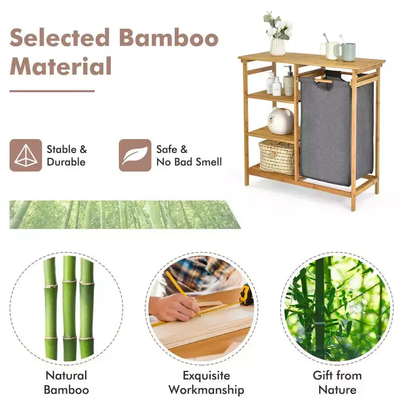 Corbeille à linge en bambou avec étagères de rangement et sac coulissant