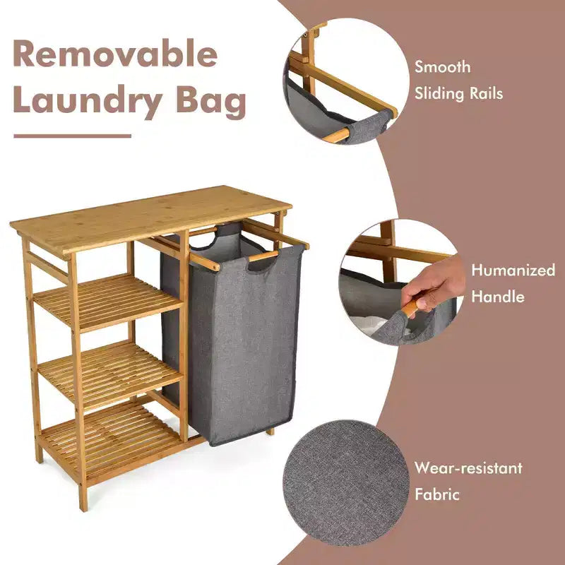 Corbeille à linge en bambou avec étagères de rangement et sac coulissant